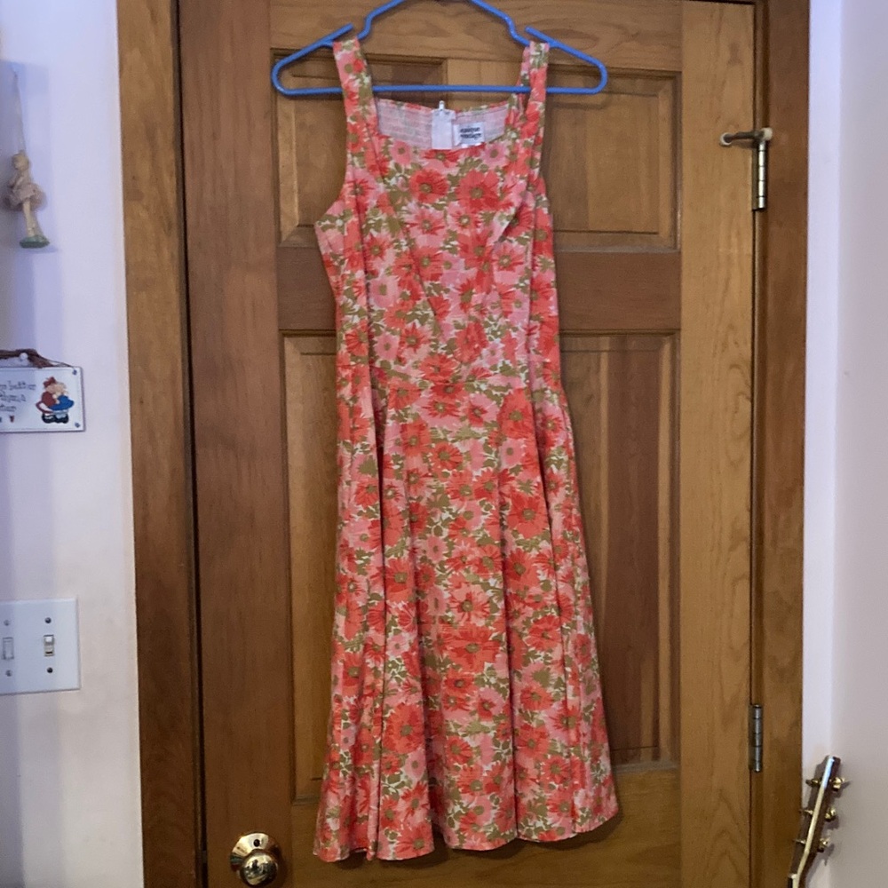 Unique Vintage Pink and Orange Floral Midi Dress